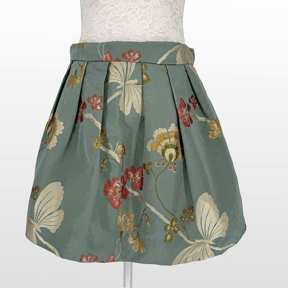 Vintage Floral Jacquard Mini Skirt M Sage Pleated Butterfly Romantic Cottagecore - Picture 2 of 11